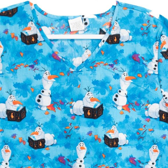 Disney Frozen Size L Olaf Snowman Blue Scrub Top Medical Nursing Uniform - Picture 3 of 8